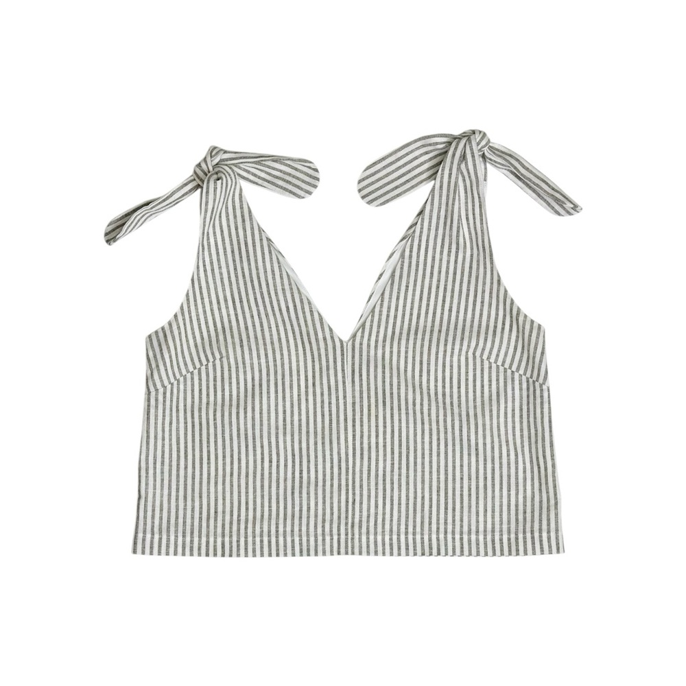 Emerson Fry Striped Tie-Shoulder Linen Crop Top in White and Gray